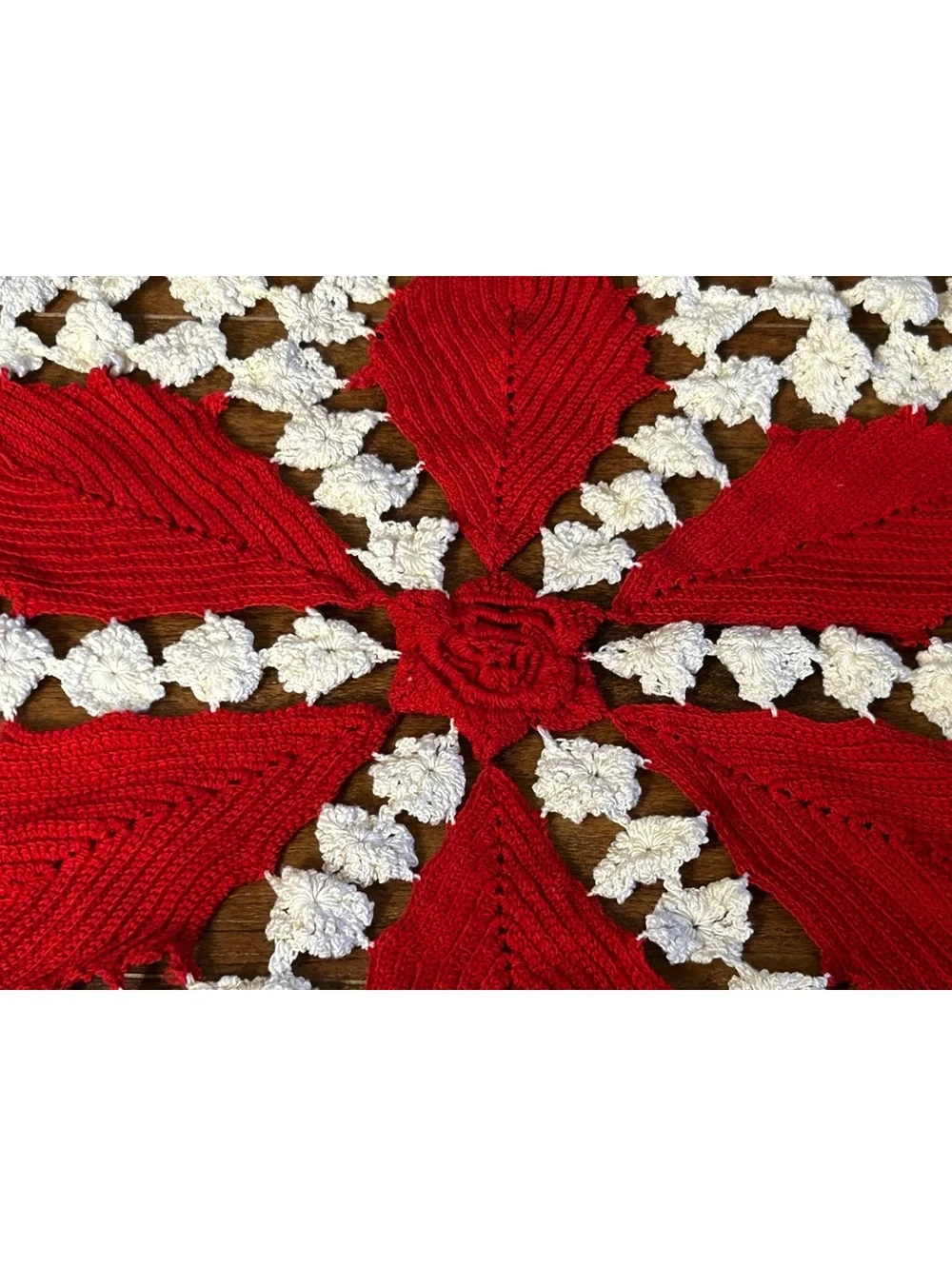 Vintage Handmade Crochet Doily with Red Floral Design